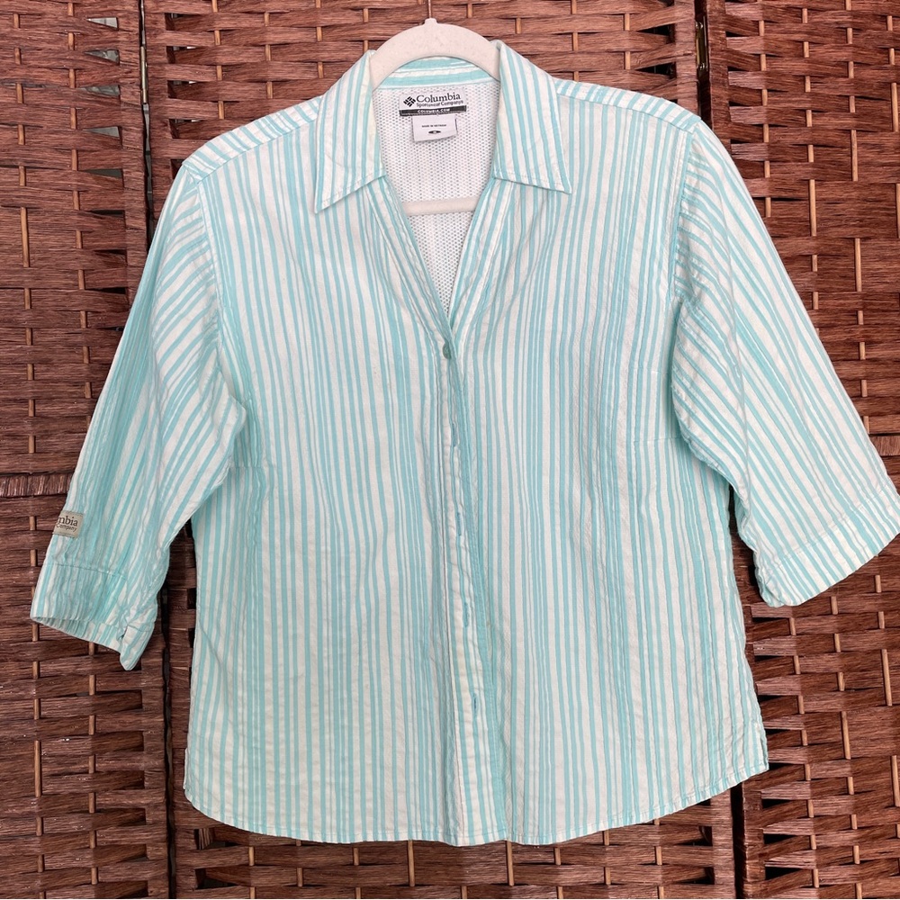 Columbia Light Aqua & White Striped Outdoor Shirt, Coastal Nautical Ocean Size S